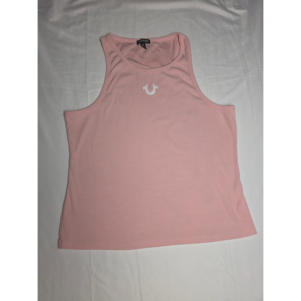True Religion Pink Ribbed Tank Top Horseshoe Logo Back Graphic Print XL Womens